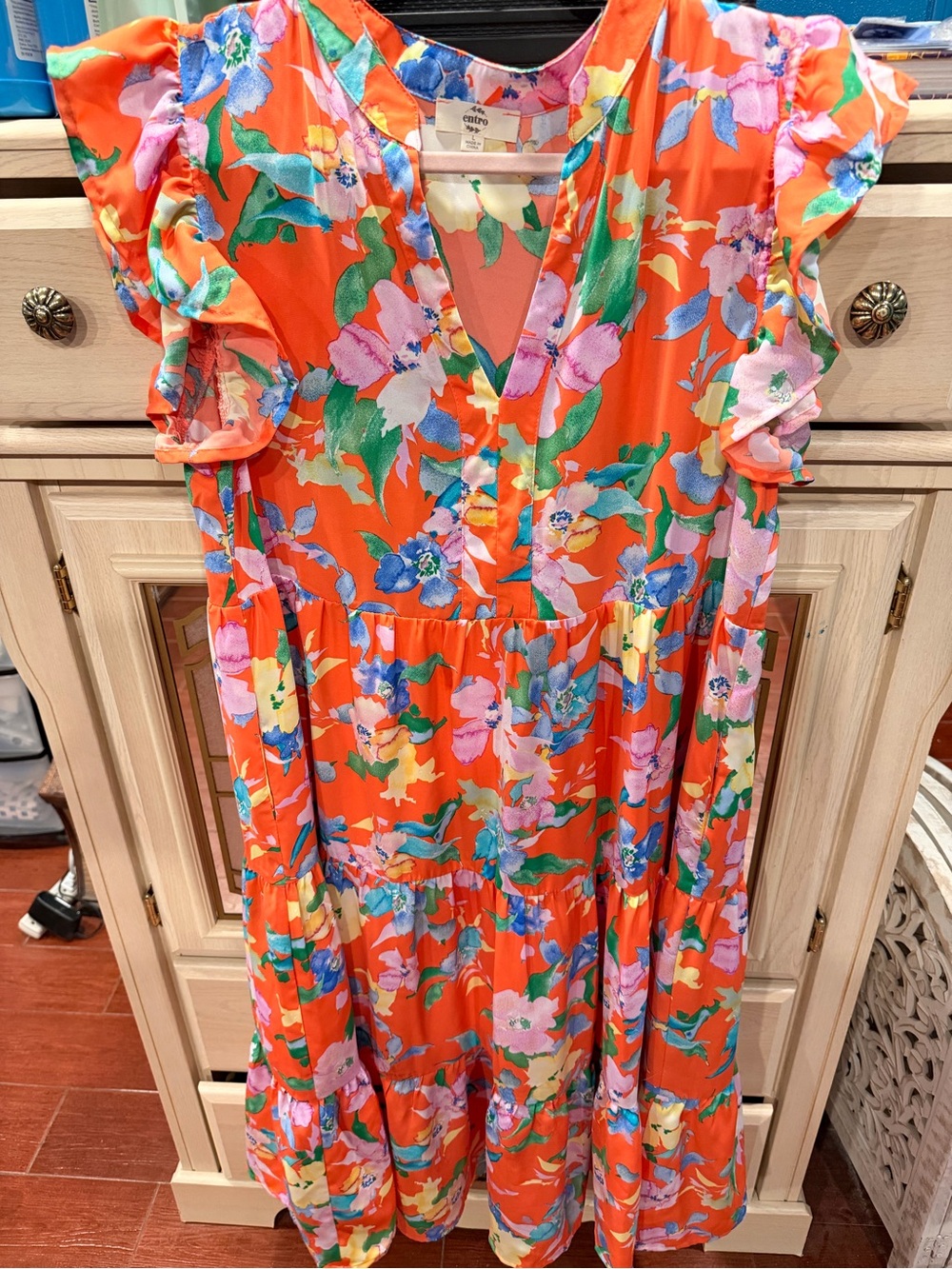 entro Orange Floral Ruffle-Sleeve Girls Dress
